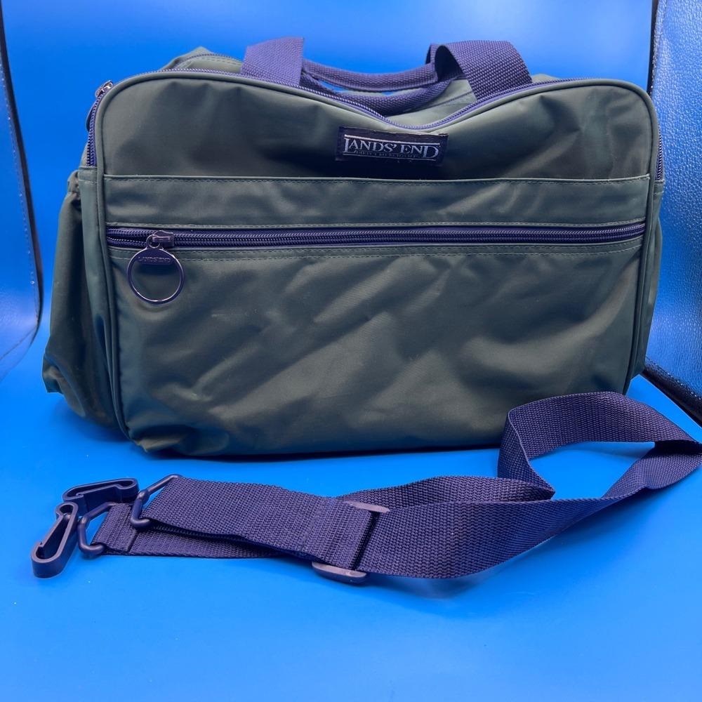Lands End VTG Square Bag Green Navy Nylon Travel Carry On Shoulder Bag